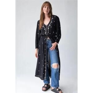 Natural Life Womens XS Black Embroidered Oversized Maxi Dress Duster NWT